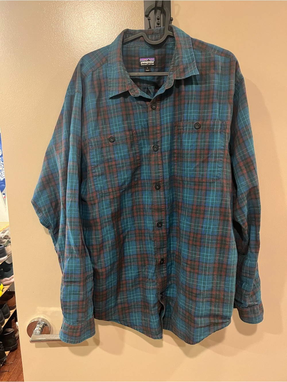 Patagonia Long Sleeve Flannel Button Down Shirt Teal Plaid Size L